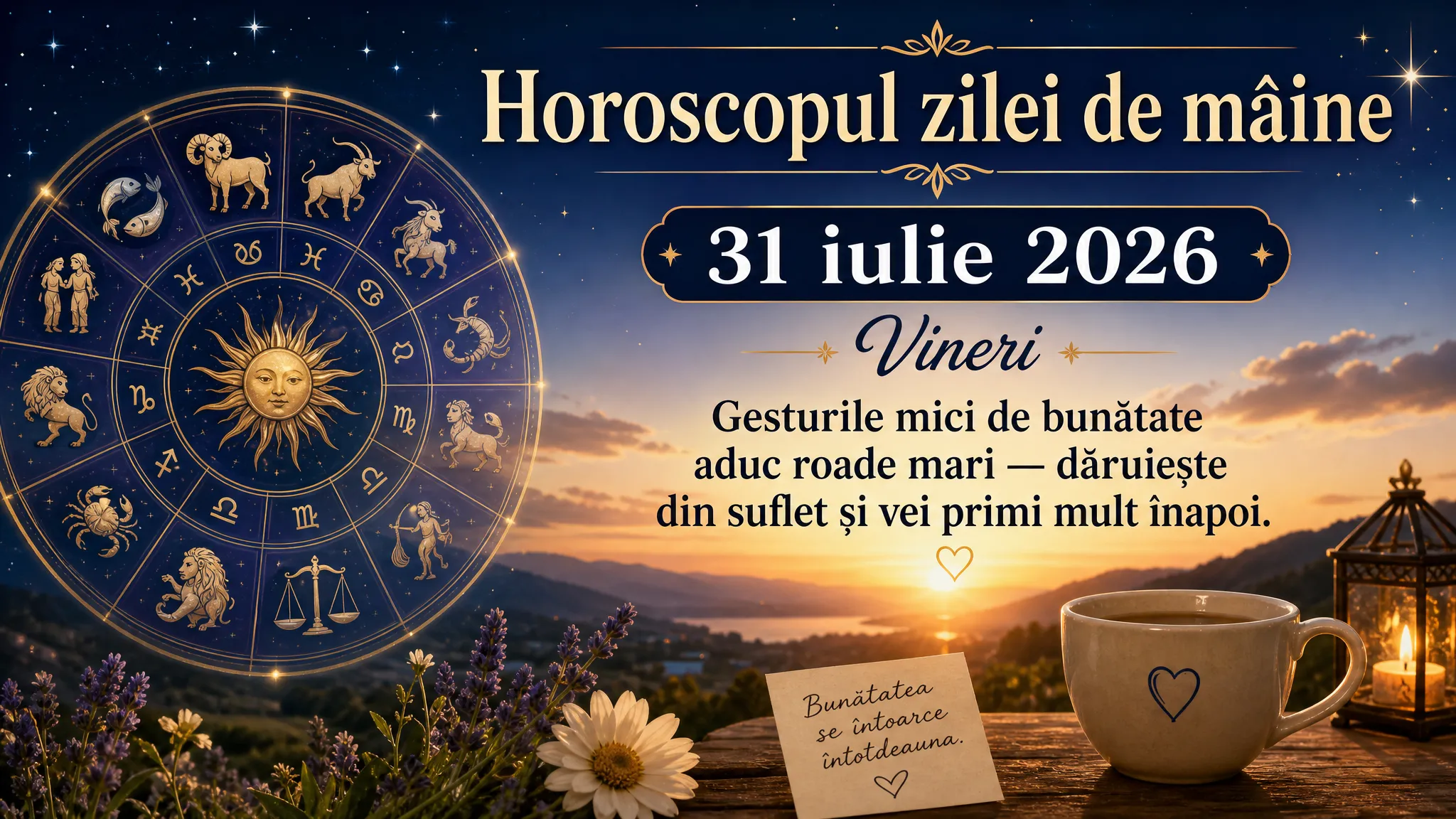 Horoscopul zilei de mâine, 31 iulie 2026. Vineri, gesturile mici de bunătate aduc roade mari — dăruiește din suflet și vei primi mult înapoi
