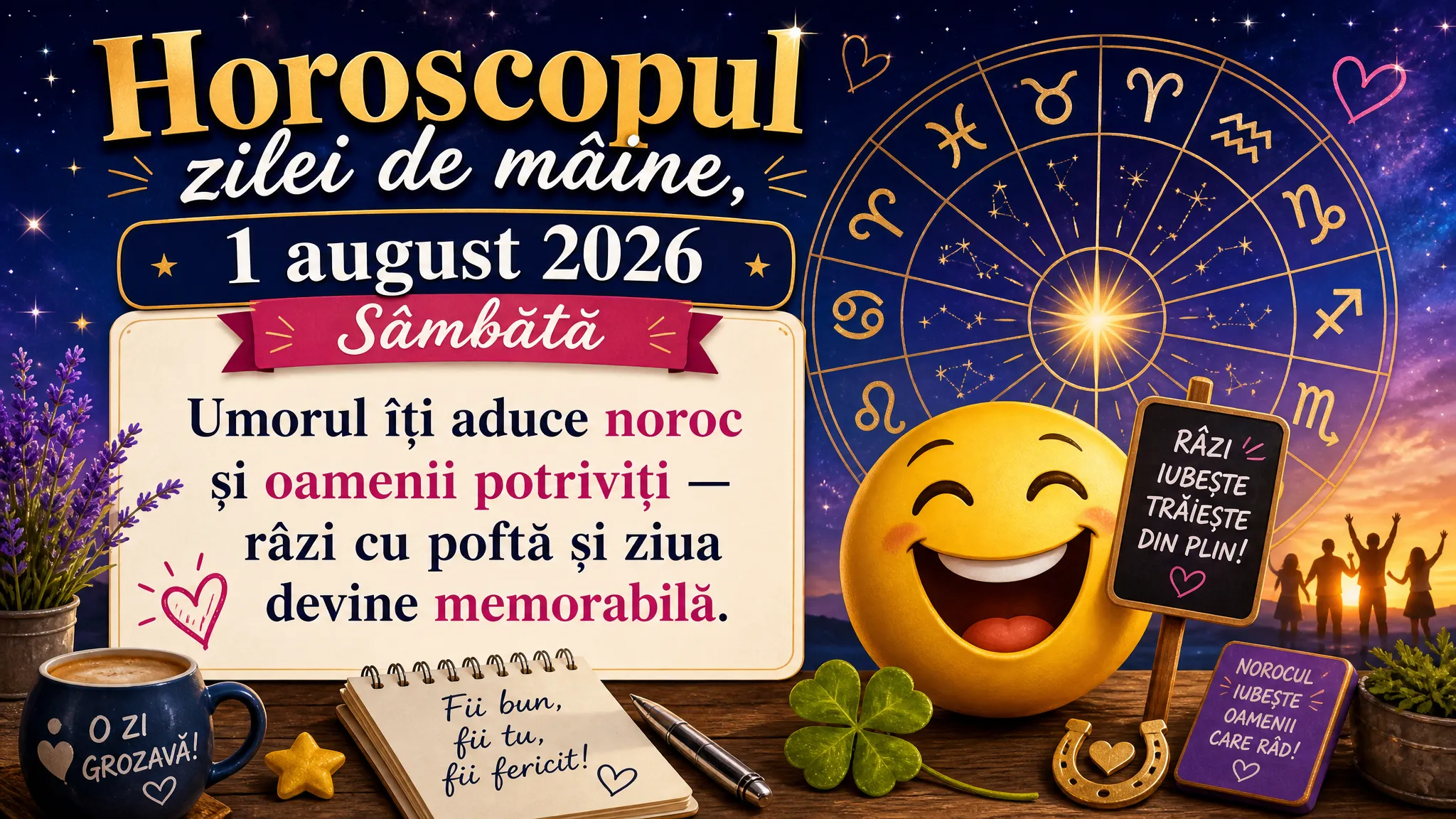 Horoscopul zilei de mâine, 1 august 2026. Sâmbătă, umorul îți aduce noroc și oamenii potriviți — râzi cu poftă și ziua devine memorabilă