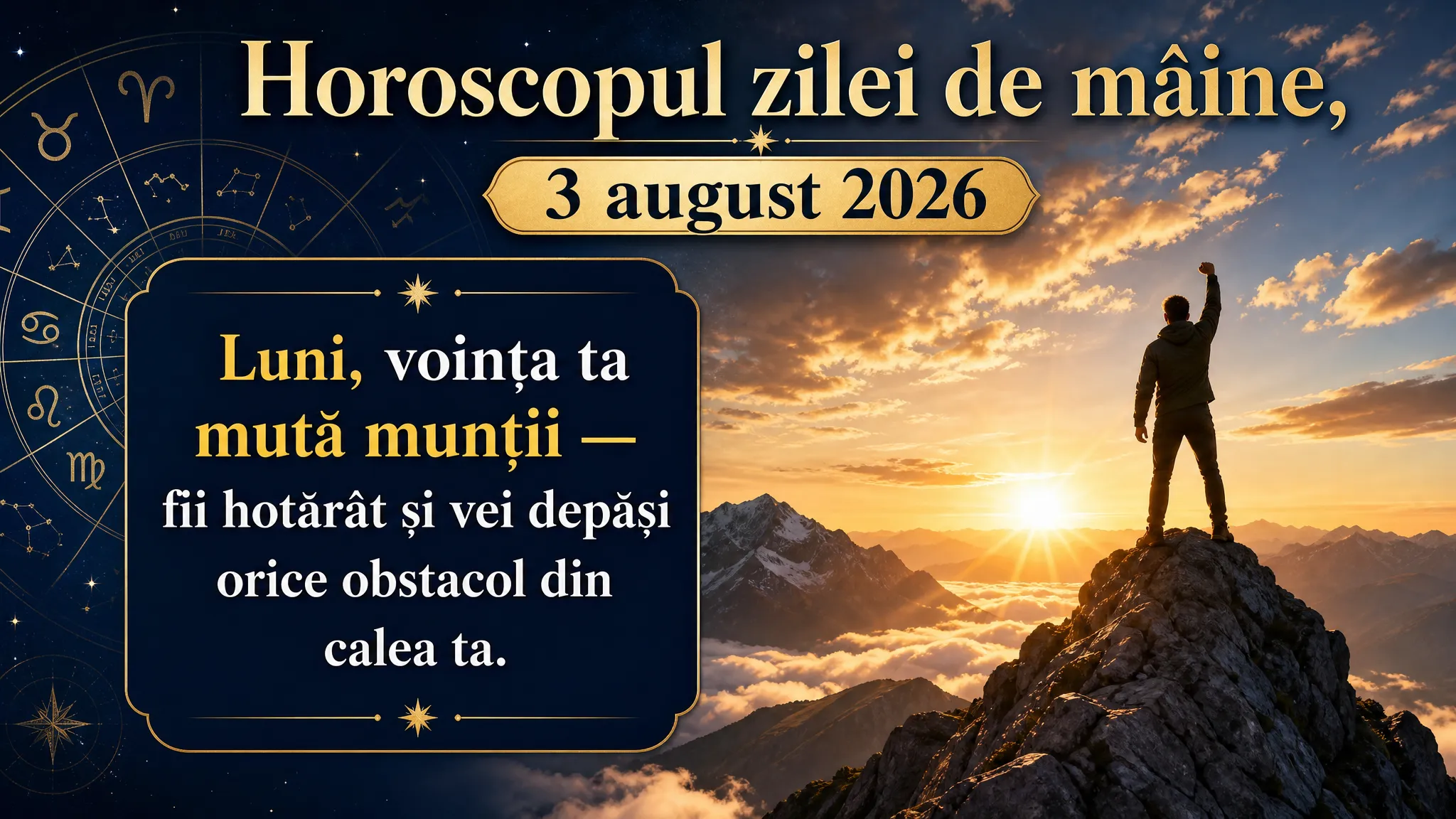 Horoscopul zilei de mâine, 3 august 2026. Luni, voința ta mută munții — fii hotărât și vei depăși orice obstacol din calea ta