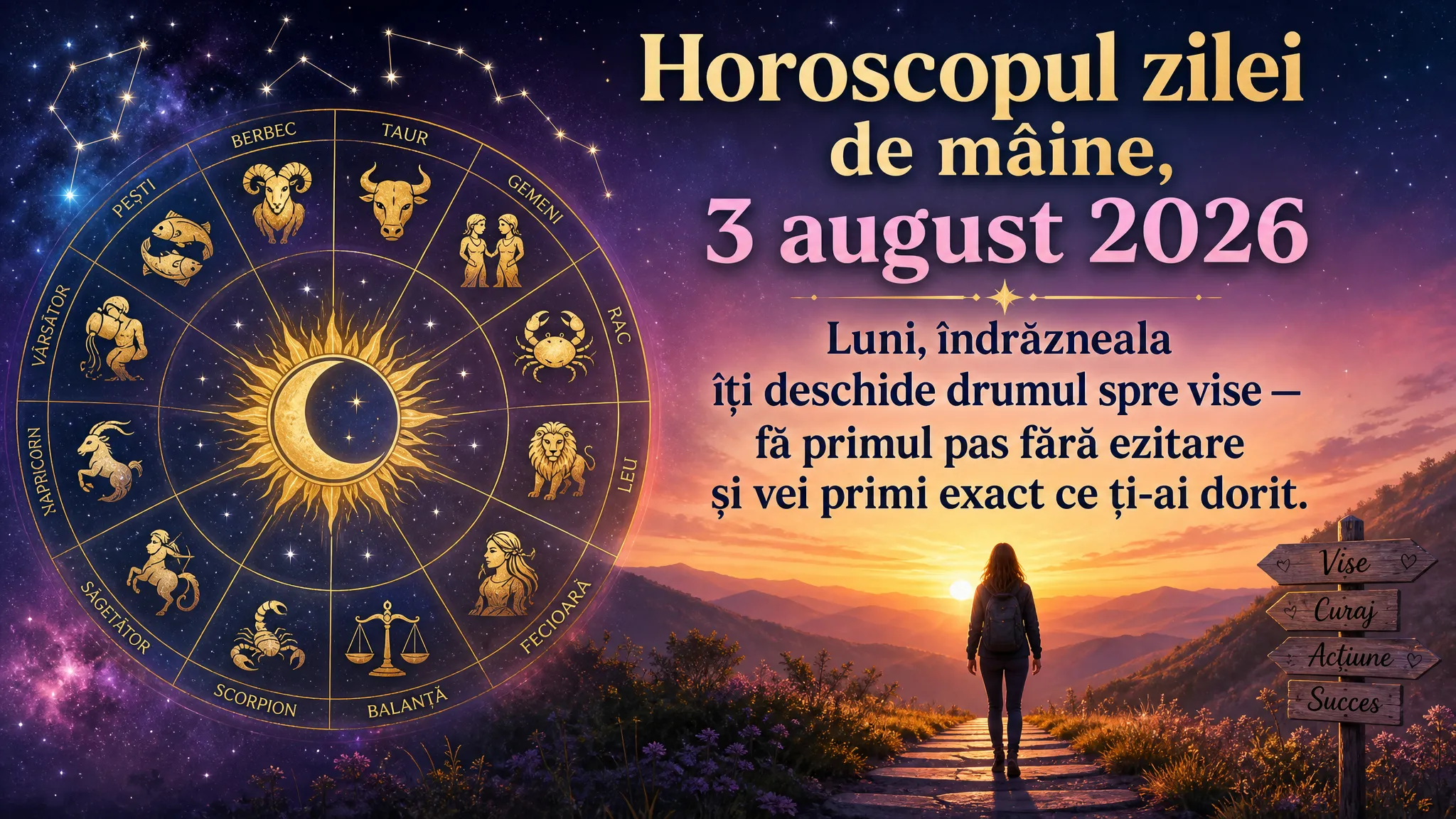 Horoscopul zilei de mâine, 3 august 2026. Luni, îndrăzneala îți deschide drumul spre vise — fă primul pas fără ezitare și vei primi exact ce ți-ai dorit